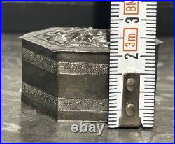 Antique Chinese Solid Silver Hexagonal Pill Box with Embossed Floral Motif Lid