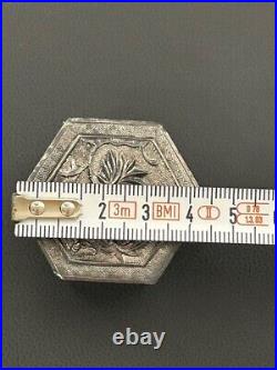 Antique Chinese Solid Silver Hexagonal Pill Box with Embossed Floral Motif Lid