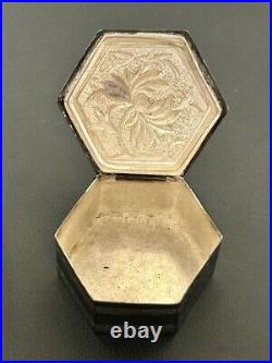 Antique Chinese Solid Silver Hexagonal Pill Box with Embossed Floral Motif Lid