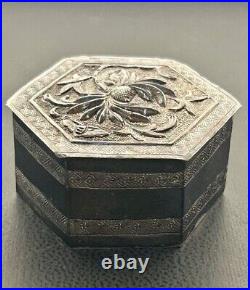 Antique Chinese Solid Silver Hexagonal Pill Box with Embossed Floral Motif Lid