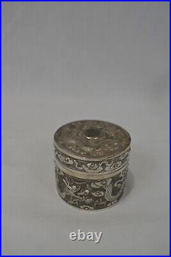 Antique Chinese Solid Silver Round Box Dragon Hallmarked