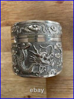 Antique Chinese Solid Silver Round Box Dragon Hallmarked