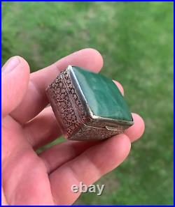 Antique Chinese Solid Silver withGreen Stone Pill Box