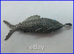 Antique Chinese Sterling Silver Articulated Filigree Koi Fish Pill Box Pendant