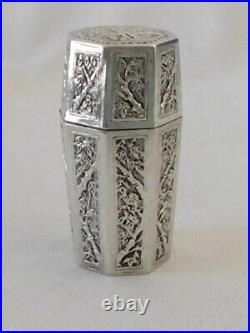 Antique Chinese Sterling Silver Bamboo Trees Design Panels Octagonal Box Signed