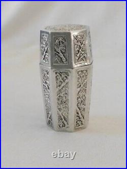 Antique Chinese Sterling Silver Bamboo Trees Design Panels Octagonal Box Signed