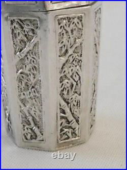 Antique Chinese Sterling Silver Bamboo Trees Design Panels Octagonal Box Signed