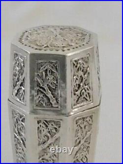 Antique Chinese Sterling Silver Bamboo Trees Design Panels Octagonal Box Signed