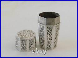 Antique Chinese Sterling Silver Bamboo Trees Design Panels Octagonal Box Signed