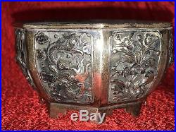 Antique Chinese Sterling Silver Box-Dragons, Lotus, Birds