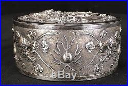 Antique Chinese Sterling Silver Box With Awesome Dragons & Flaming Pearl