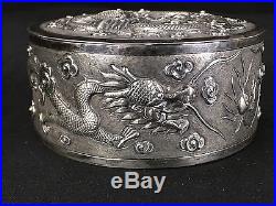 Antique Chinese Sterling Silver Box With Awesome Dragons & Flaming Pearl