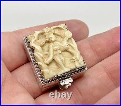 Antique Chinese Sterling Silver Canton Carved Woman Top Trinket Pill Box