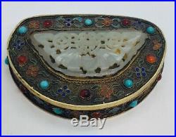 Antique Chinese Sterling Silver & Carved White Jade Bat Design Lid Only For Box