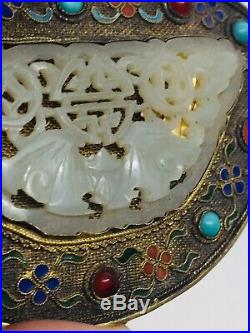 Antique Chinese Sterling Silver & Carved White Jade Bat Design Lid Only For Box