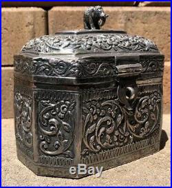 Antique Chinese Sterling Silver Chased Engraved Repousse Elephant Tea Caddy Box