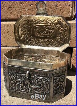 Antique Chinese Sterling Silver Chased Engraved Repousse Elephant Tea Caddy Box