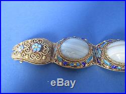 Antique Chinese Sterling Silver Enamel Gilded Filigree Bracelet Agate Stone