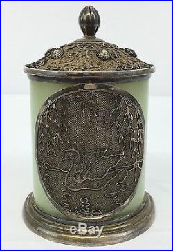 Antique Chinese Sterling Silver Enamel Tea Caddy Box With Jade Body
