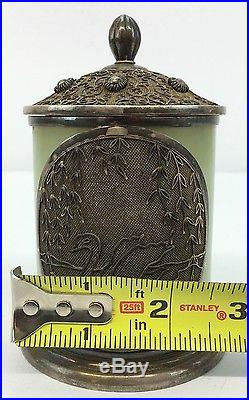 Antique Chinese Sterling Silver Enamel Tea Caddy Box With Jade Body