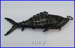 Antique Chinese Sterling Silver Filigree Coral Articulated Fish Box Pendant