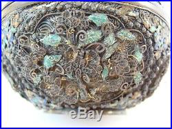 Antique Chinese Sterling Silver Filigree Enamel Moth Lily Gold Box Needs Restore