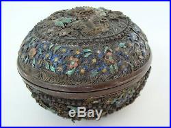 Antique Chinese Sterling Silver Filigree Enamel Moth Lily Gold Box Needs Restore
