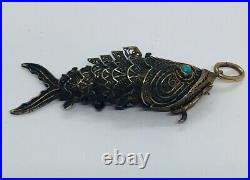Antique Chinese Sterling Silver Filigree Turquoise Articulated Fish Box Pendant