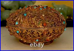 Antique Chinese Sterling Silver Gold Filigree Jewelry Box With Natural Gemstones