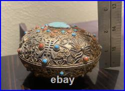 Antique Chinese Sterling Silver Gold Filigree Jewelry Box With Natural Gemstones