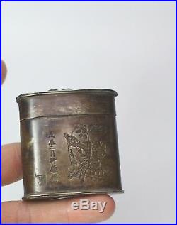 Antique Chinese Sterling Silver Opium Box Inscribed