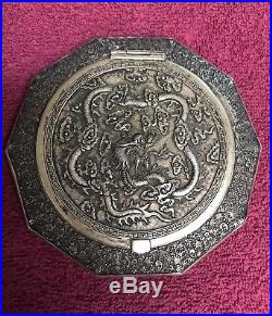 Antique Chinese Sterling Silver Powder Compact Dragon Case Box