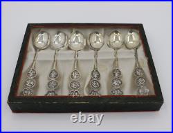 Antique Chinese Sterling Silver Spoon Boxed Set of 6 Flatware Utensil Silverware