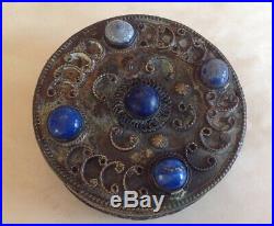 Antique Chinese Tibetan Asian Silver Filigree Pill Box Lapis Lazuli Cabochons 2
