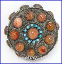 Antique Chinese Tibetan Silver Copper Carnelian Cabochon Turquoise Trinket Box