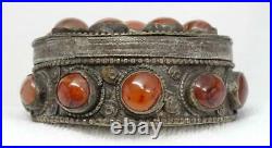 Antique Chinese Tibetan Silver Copper Carnelian Cabochon Turquoise Trinket Box
