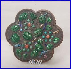 Antique Chinese Vintage Silver Plate Enamel Box Inlaid Stones Turquoise Mirror