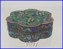 Antique Chinese Vintage Silver Plate Enamel Box Inlaid Stones Turquoise Mirror