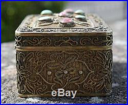 Antique Chinese export silver box filigree work with jade and tourmaline