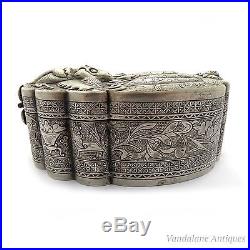 Antique Chinese export solid silver Qingming moth box tomb sweeping bats signed