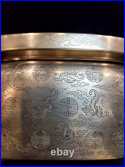 Antique Chinese fine fushou pattern white bronze carry box
