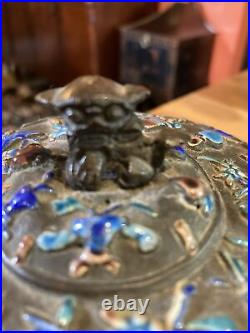 Antique Chinese silver metal enamel trinket box with foo dog lid china