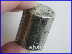 Antique Chinese silver-plated round opium box with garden scene (2348)