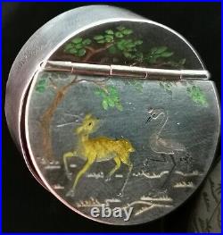 Antique Chinese silver snuff box, inlaid, crane and deer