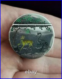 Antique Chinese silver snuff box, inlaid, crane and deer