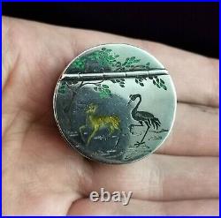 Antique Chinese silver snuff box, inlaid, crane and deer