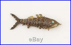 Antique Chinese silver turquoise articulated filigree koi fish pill box pendant