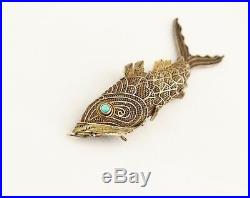 Antique Chinese silver turquoise articulated filigree koi fish pill box pendant