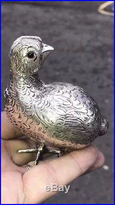 Antique Dutch Solid Silver Snuff Box Bottle As Chinese Quail Bird & 2 Ruby Eyes