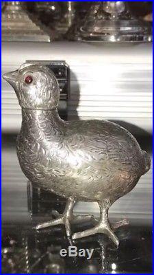 Antique Dutch Solid Silver Snuff Box Bottle As Chinese Quail Bird & 2 Ruby Eyes